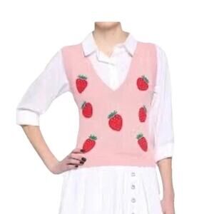 Hot Topic Pink Womens Strawberry Sweater Vest Small Preppy Academia Y2K Clueless